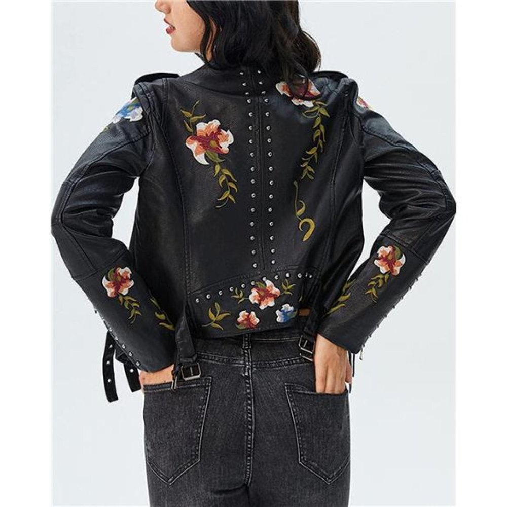 Black Floral Embroidered Studded Faux Leather Jacket Moto Bomber Jacket Coat - Picture 4 of 7